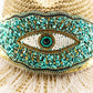 Women's Brim Hat with Greek Evil Eye Bead Decoration & Feather Accents