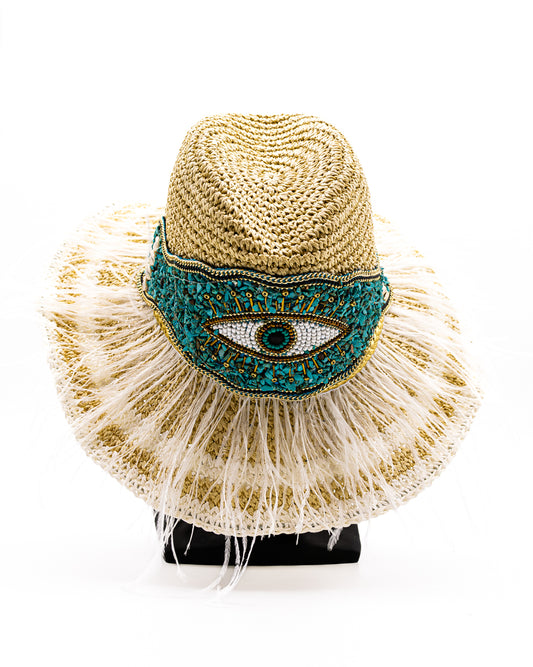 Women's Brim Hat with Greek Evil Eye Bead Decoration & Feather Accents