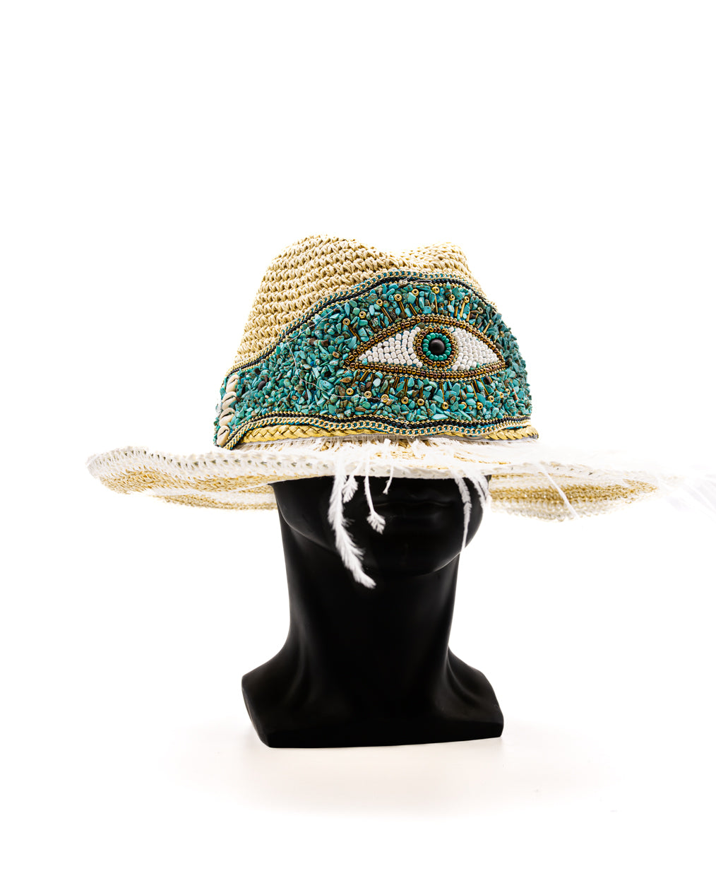 Women's Brim Hat with Greek Evil Eye Bead Decoration & Feather Accents