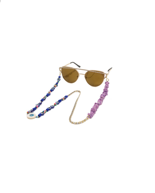 Mystique Luxe: Gold-Silver Eyewear Chain with Evil Eye Charms & Purple Gemstones