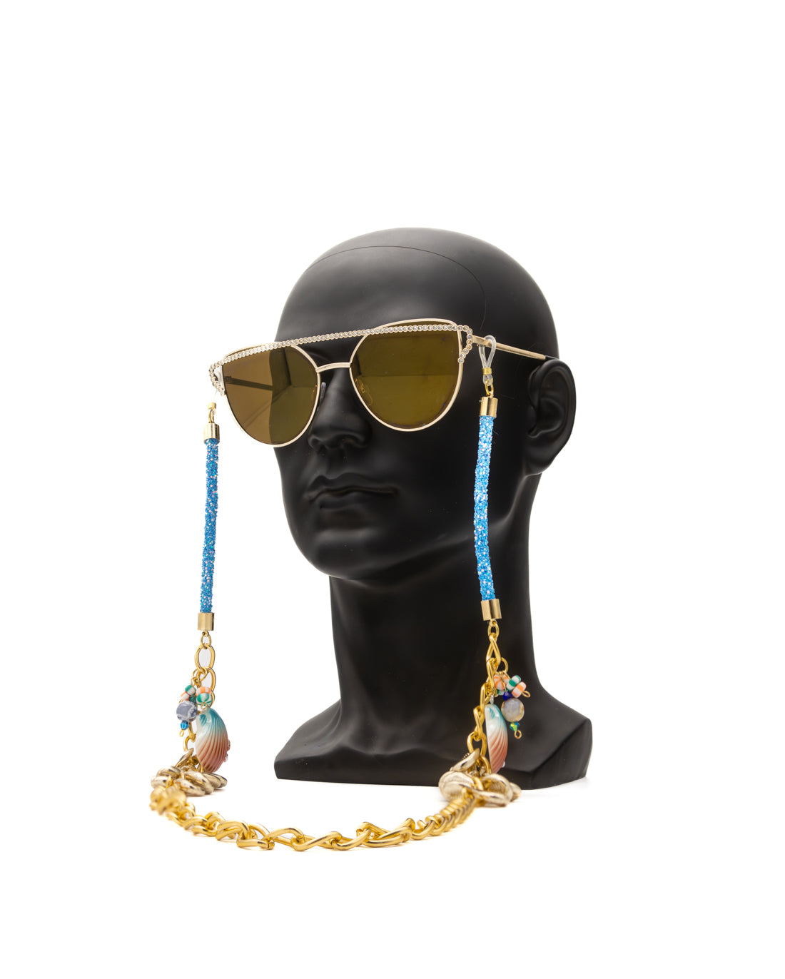 Ocean-Inspired Stainless Steel Eyewear Chain with Sparkling Blue Rods and Scallop Shells