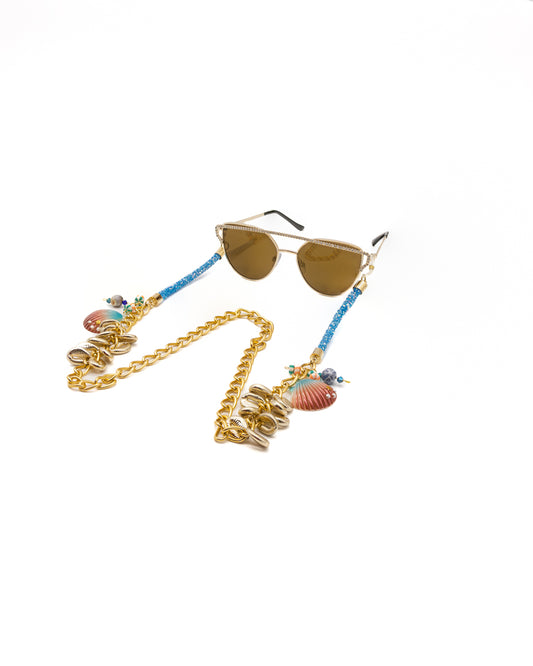 Ocean-Inspired Stainless Steel Eyewear Chain with Sparkling Blue Rods and Scallop Shells