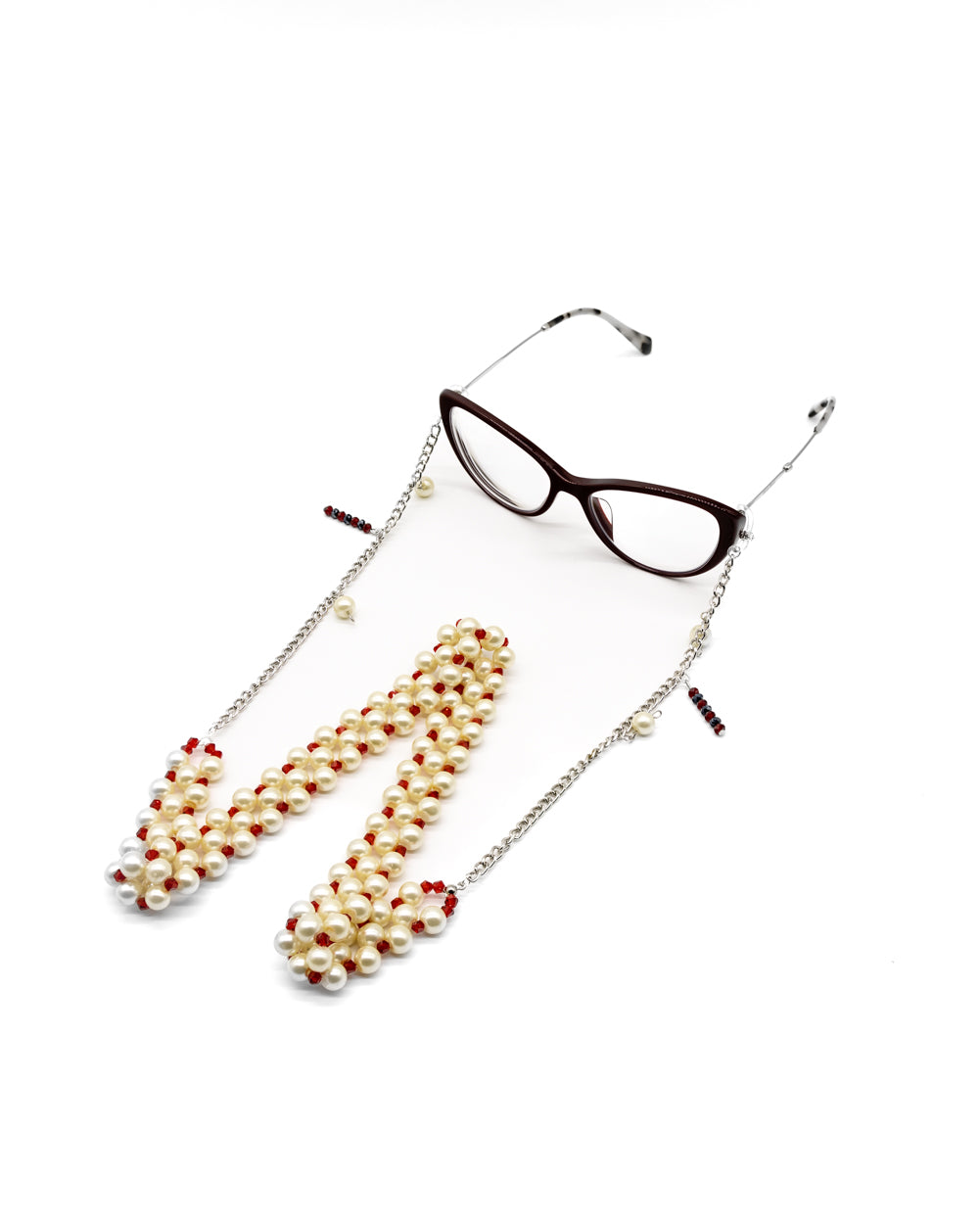 Elegant Radiant White & Red Pearl Eyewear Chain for Women