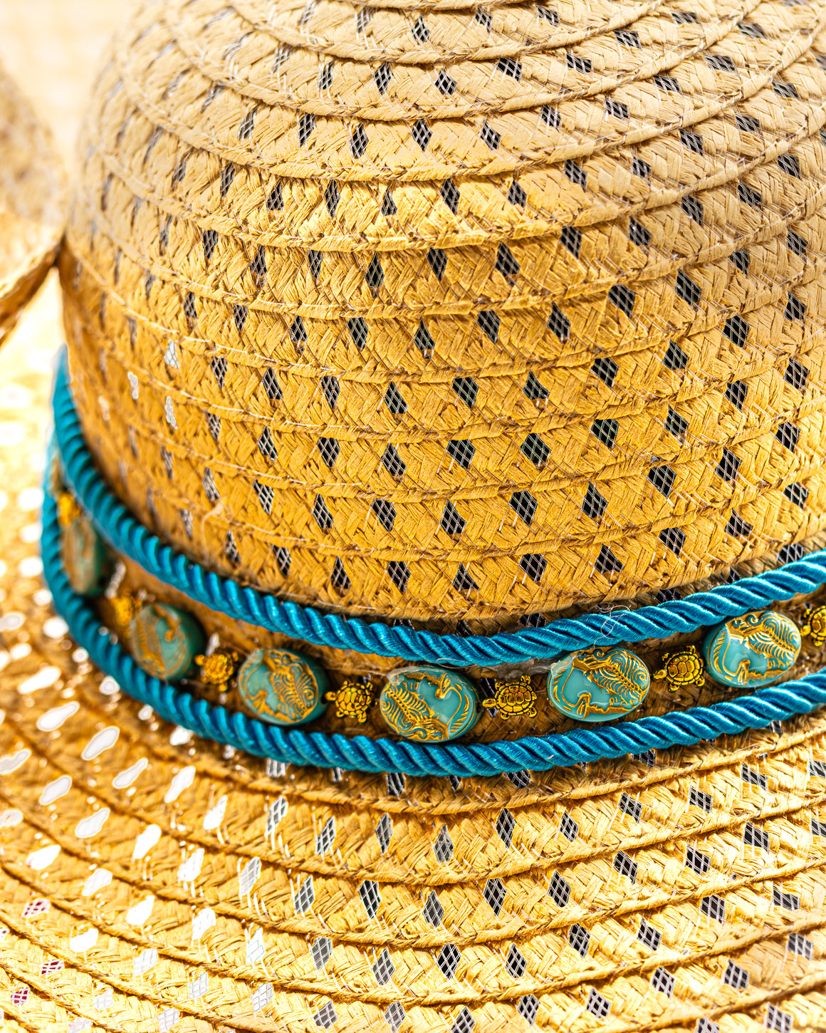 Chic Elegance 17.5-Inch Beige Brim Hat with Turquoise Beads and Golden Chain