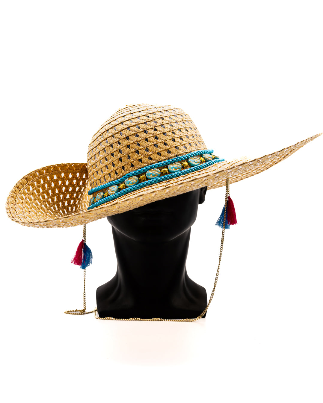 Chic Elegance 17.5-Inch Beige Brim Hat with Turquoise Beads and Golden Chain