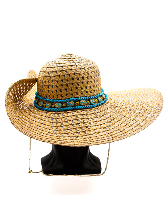Chic Elegance 17.5-Inch Beige Brim Hat with Turquoise Beads and Golden Chain